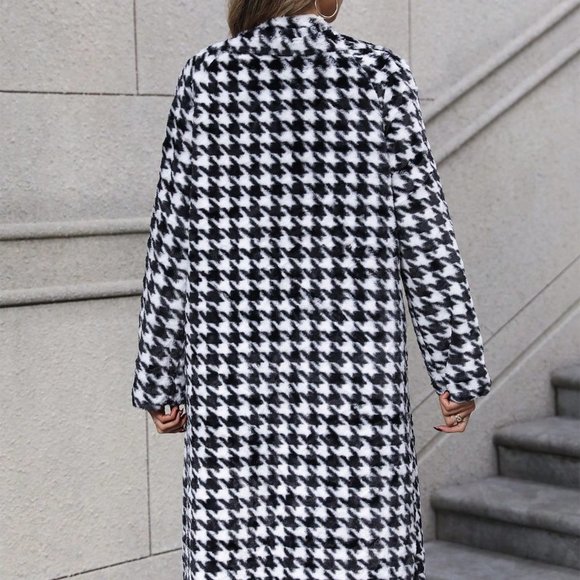 Black & White Preppy womens Houndstooth Print Double Breasted Lapel Neck Coat - Picture 2 of 5